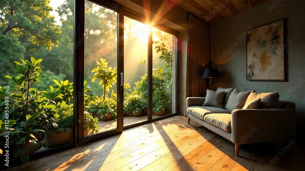 modern interior design with large windows, lots of sunlight, spacious room, natural materials and trendy colours, Mocha Mousse modern interior design with large windows, lots of sunlight, spacious room, natural materials and trendy colours, Mocha Mousse