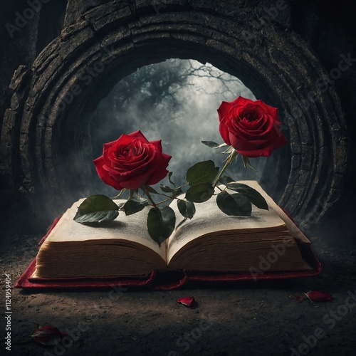 A fantasy portal shaped like an open book, with a large red rose visible on the other side.