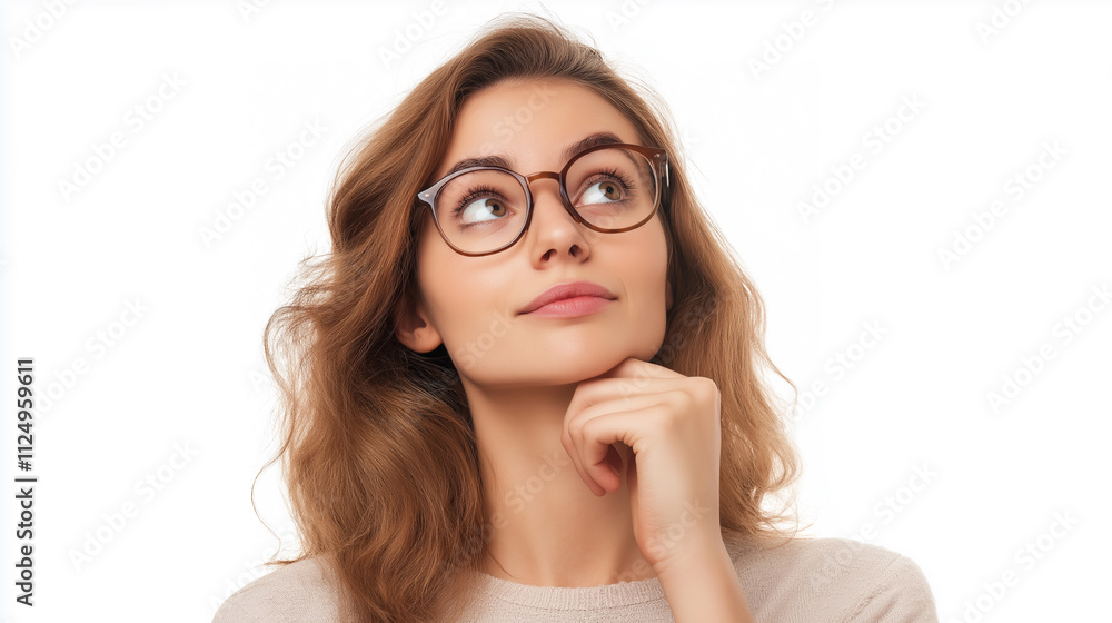 Woman looks up and think about something carefully, especially before making a decision or reaching a conclusion. Woman looks up and think about something carefully, especially before making a decision or reaching a conclusion.