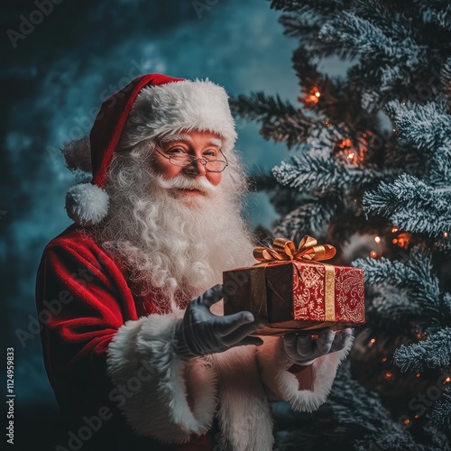 Santa Claus presenting a gift amid snowy backdrop scene