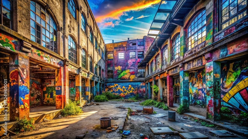 Fototapeta premium Captivating Urban Exploration Photography Featuring Stylish Illustrations of Abandoned Buildings, Graffiti Art, and Hidden City Gems for Creative Visual Storytelling