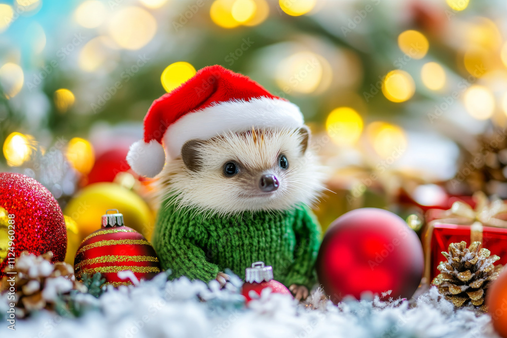 A tiny hedgehog in a green sweater and red Santa hat, sitting amongst colorful ornaments, holiday gifts, and a festive winter background. A tiny hedgehog in a green sweater and red Santa hat, sitting amongst colorful ornaments, holiday gifts, and a festive winter background.