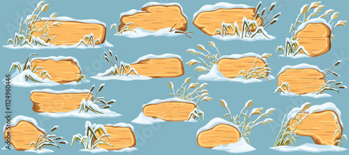 Marsh reed under snow. Swamp cattails winter. Broken weed and snowdrifts. Set isolated wooden cartoon game panels, boards for covers, banners, notebooks, games. Vector signboards in the snowdrifts.
