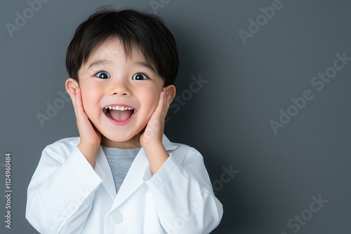 Joyful Japanese boy in white lab coat expressing excitement with happy posture in front of gray background