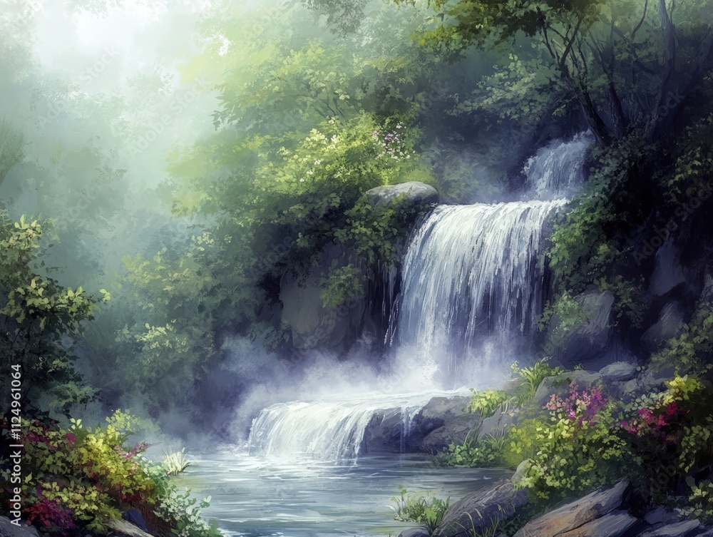 Misty forest waterfall, serene, lush greenery. Misty forest waterfall, serene, lush greenery.