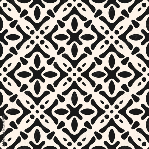 Abstract black and white vector seamless pattern. Simple floral geometric ornament with ethnic folk motif. Retro vintage background. Monochrome texture with flower silhouettes, organic shapes, tiles