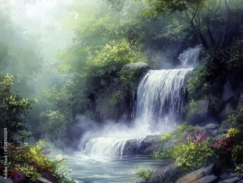 Misty forest waterfall, serene, lush greenery.