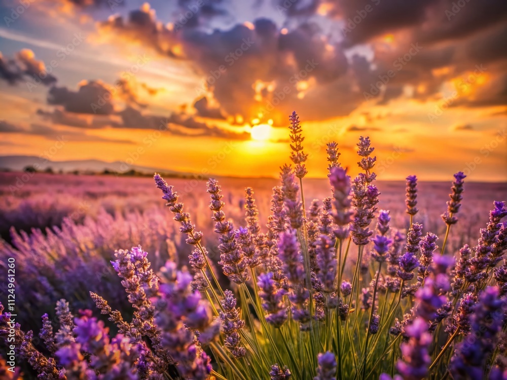 Naklejka premium Captivating Vibrant Lavender Field at Sunset Bathed in Golden Light – A Serene Landscape Perfect for Nature Lovers and Garden Enthusiasts