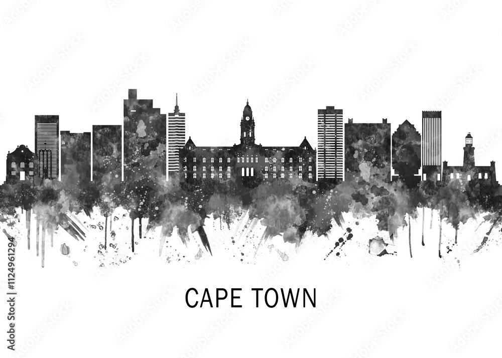 Cape Town South Africa Skyline BW, travel art illustration urban modern downtown landmarks skyscrapers artwork abstract architecture digital office home decor Cape Town South Africa Skyline BW, travel art illustration urban modern downtown landmarks skyscrapers artwork abstract architecture digital office home decor