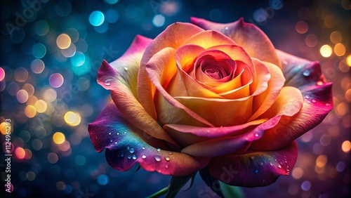 Captivating Vibrant Rose in Bokeh Effect on Dark Backdrop, Highlighting the Beauty of Nature's Colors and Textures Perfect for Backgrounds or Floral Themes