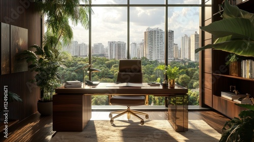 Luxurious modern home office with city view.