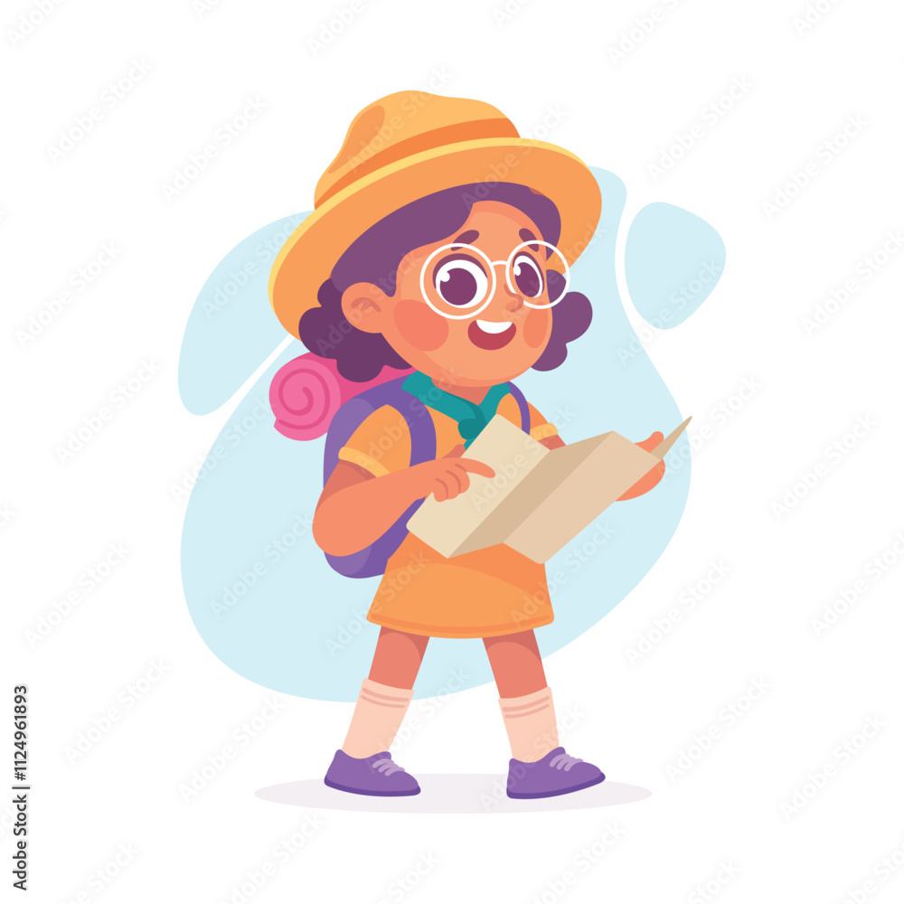 Girl Scout Character in Hat Walk with Map and Backpack Vector Illustration Girl Scout Character in Hat Walk with Map and Backpack Vector Illustration