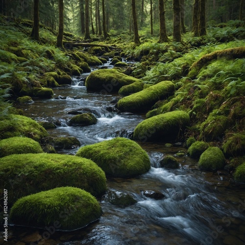 A tranquil forest glade with a sparkling stream and mossy stones.