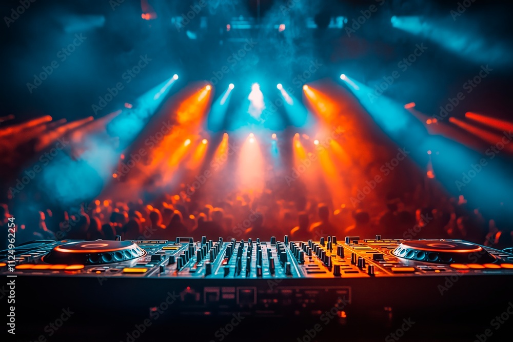 Vibrant DJ performance with a mixing console, copy space for text, dj banner advertising, electronic music advertisement Vibrant DJ performance with a mixing console, copy space for text, dj banner advertising, electronic music advertisement