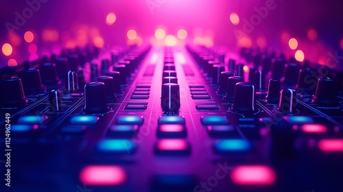 Electronic DJ mixer at a lively performance venue, copy space for text, dj banner advertising, electronic music advertisement