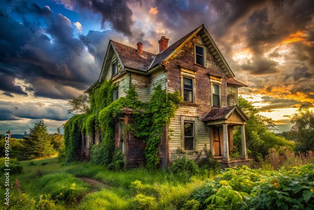 Captivating Views of an Old Abandoned House Surrounded by Overgrown Vegetation and a Mysterious Atmosphere, Perfect for Evoking Nostalgia and Exploring the Past Captivating Views of an Old Abandoned House Surrounded by Overgrown Vegetation and a Mysterious Atmosphere, Perfect for Evoking Nostalgia and Exploring the Past