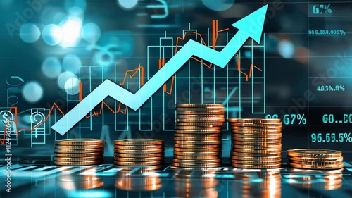 Money coin stack growing graph investment. Finance save. Success, growth wealth stock market. Business in the digital age. Trading chart in financial concepts. Prosperity. Cryptocurrency. Technology