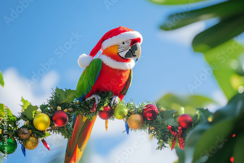 A holiday-themed picture of a parrot wearing a tiny Santa suit, perched on a branch with tropical Christmas decorations, ideal for unique holiday cards. photo