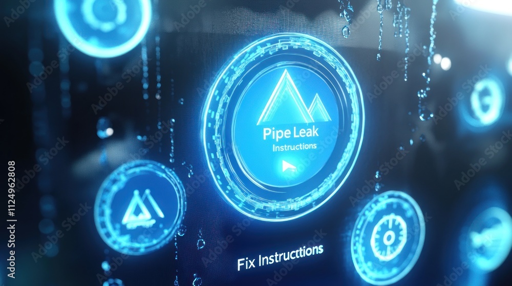 Fototapeta premium The digital interface shows pipe leak instructions and repair guides