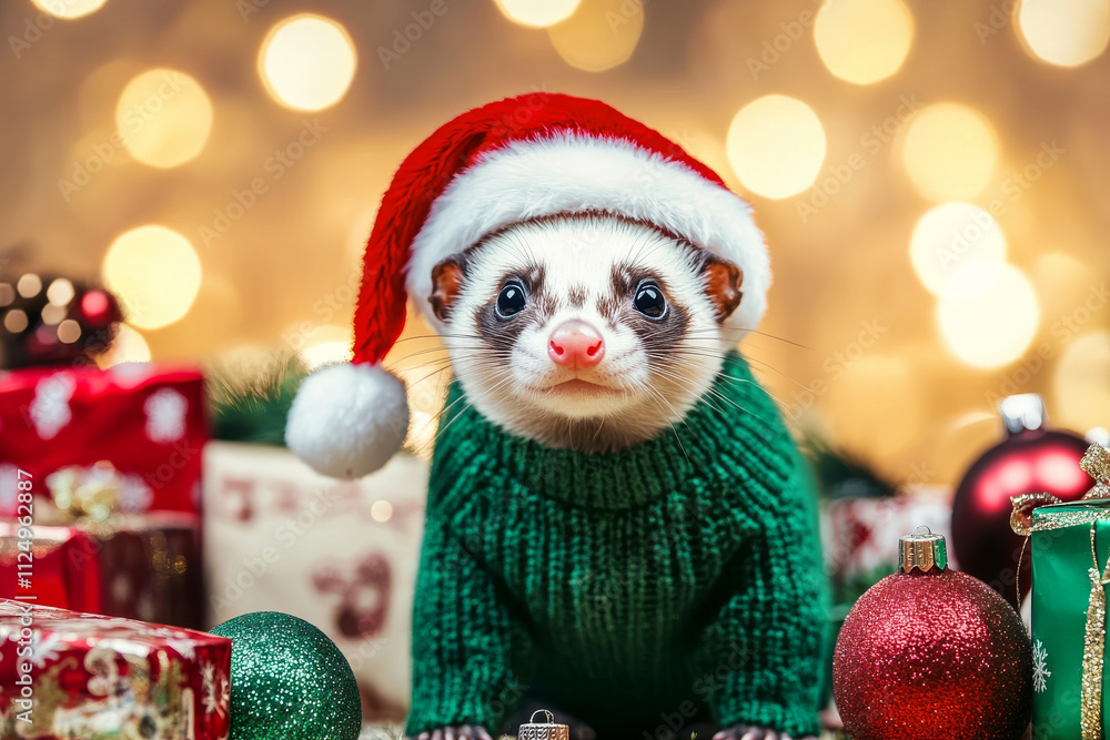 A cheerful ferret in a cozy green sweater and red Santa hat, standing among colorful presents, glittering ornaments, and a vibrant holiday backdrop. A cheerful ferret in a cozy green sweater and red Santa hat, standing among colorful presents, glittering ornaments, and a vibrant holiday backdrop.