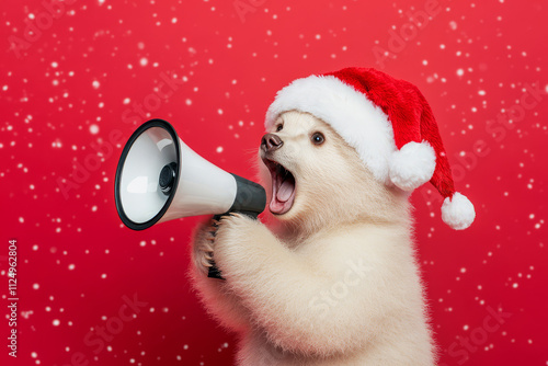 A fluffy bear cub wearing a Santa hat, holding a megaphone and spreading Christmas cheer against a snowy red background. photo