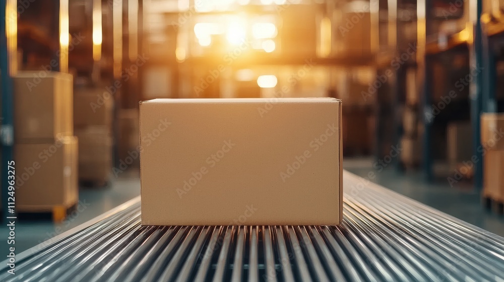 custom made wallpaper toronto digitalA box on a conveyor belt in a warehouse, illuminated by warm sunlight, suggesting shipping or logistics operations.