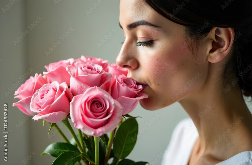 Woman sniffing bouquet of pink roses, female flower flavor. AI Generative Woman sniffing bouquet of pink roses, female flower flavor. AI Generative