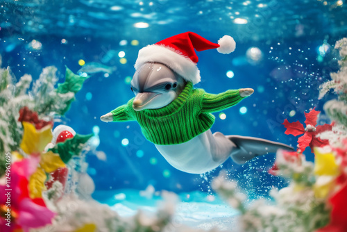 A baby dolphin wearing a green sweater and red Santa hat, jumping amid vibrant holiday decorations and a cheerful underwater holiday theme. photo