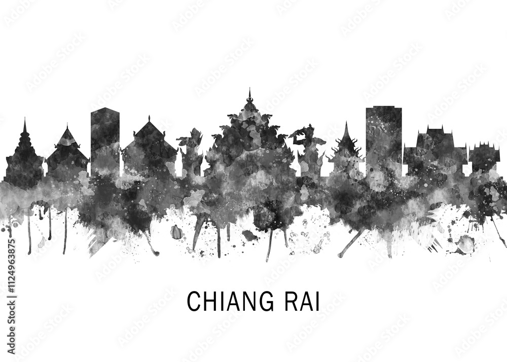 Obraz premium Chiang Rai Thailand Skyline BW, travel art illustration urban modern downtown landmarks skyscrapers artwork abstract architecture digital office home decor