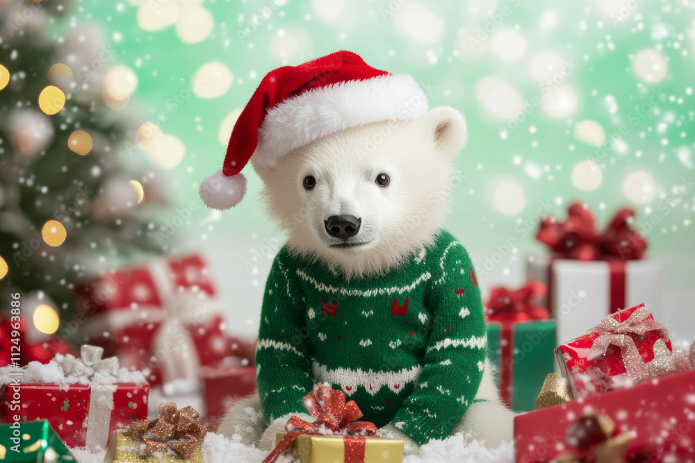 A fluffy polar bear cub in a cozy green sweater and Santa hat, surrounded by colorful gifts, twinkling lights, and a snowy holiday scene. A fluffy polar bear cub in a cozy green sweater and Santa hat, surrounded by colorful gifts, twinkling lights, and a snowy holiday scene.