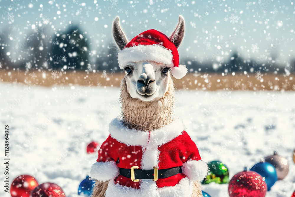 A holiday-themed picture of a llama wearing Santa clothes, surrounded by colorful ornaments and snow-covered fields, perfect for cheerful holiday cards. A holiday-themed picture of a llama wearing Santa clothes, surrounded by colorful ornaments and snow-covered fields, perfect for cheerful holiday cards.