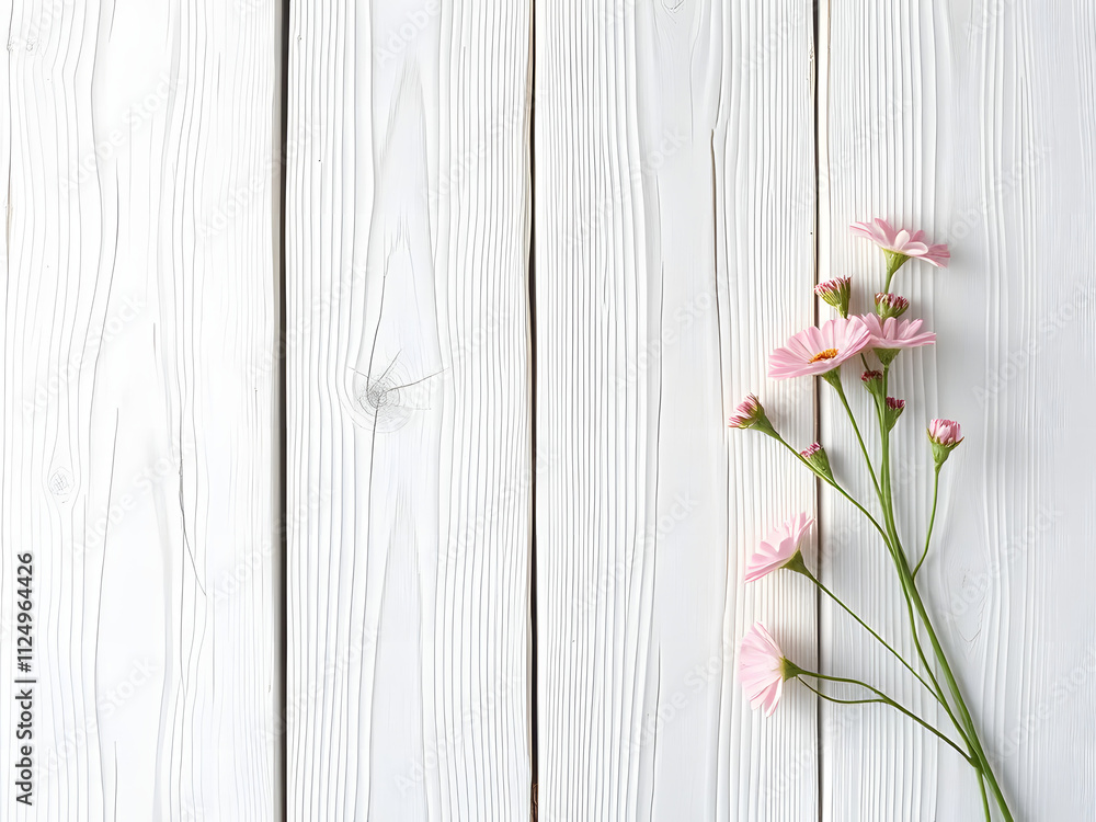 Whitewashed wooden texture with minimal pink floral accents on one edge, text space Whitewashed wooden texture with minimal pink floral accents on one edge, text space