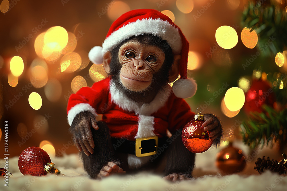A holiday-themed picture of a monkey wearing Santa clothes, holding a small ornament while sitting in a festive setting, perfect for family cards. A holiday-themed picture of a monkey wearing Santa clothes, holding a small ornament while sitting in a festive setting, perfect for family cards.