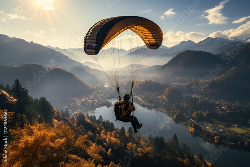 A man is parachuting over a river and mountains, an extreme sport.
