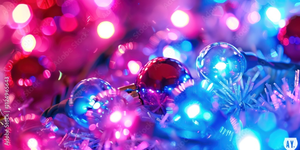 New Year close up glowing Christmas blue purple and pink lights violet night time background