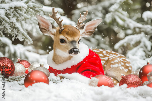 A holiday-themed picture of a deer fawn wearing a Santa outfit, resting in a snowy forest surrounded by ornaments, ideal for charming holiday cards. photo