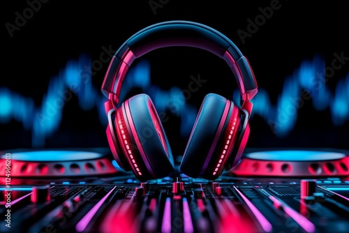 A 3D-rendered illustration of a pair of futuristic headphones hovering above a DJ mixer, with dynamic soundwaves glowing around them photo