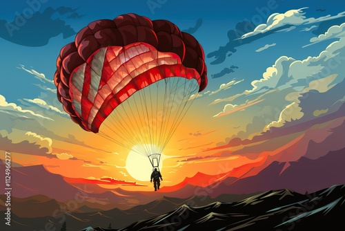 Illustration of a parachutist against a background of sky and sun.