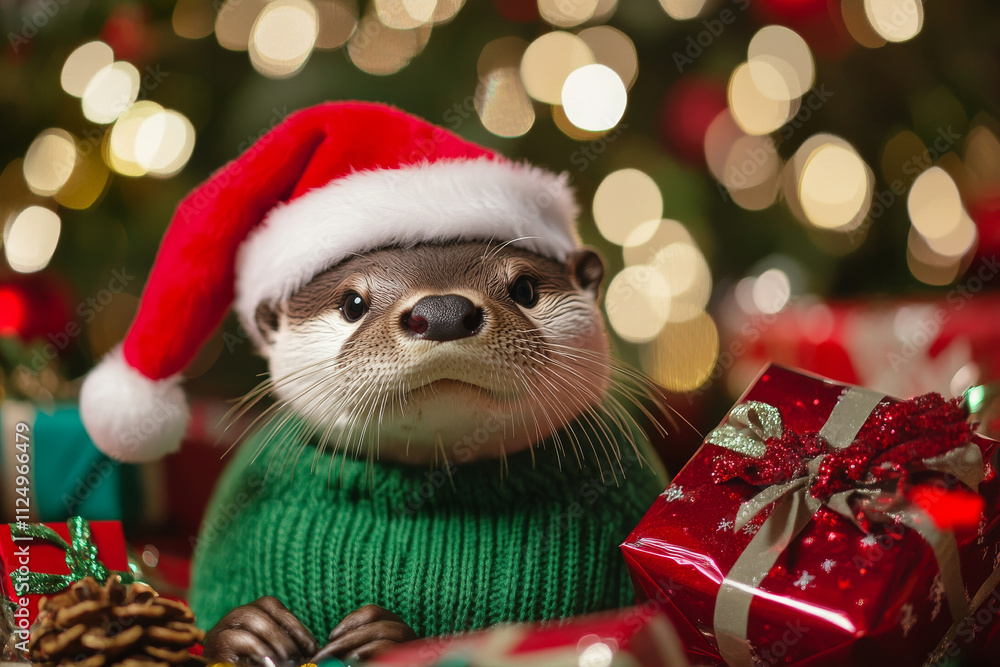 A charming otter in a green sweater and red Santa hat, surrounded by holiday gifts, sparkling decorations, and a vibrant Christmas background. A charming otter in a green sweater and red Santa hat, surrounded by holiday gifts, sparkling decorations, and a vibrant Christmas background.