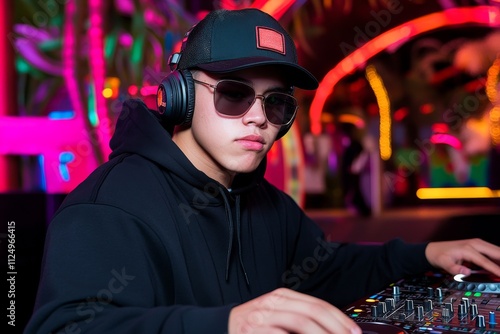 A DJ playing at a neon-lit skate park, with graffiti walls and skaters performing tricks in the background
