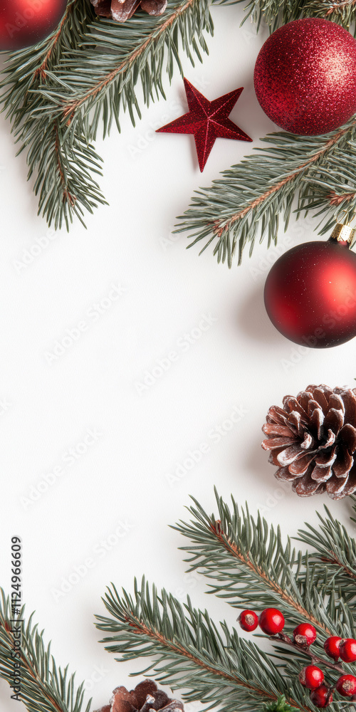 Festive red Christmas decorations with pine branches and fir cones Festive red Christmas decorations with pine branches and fir cones