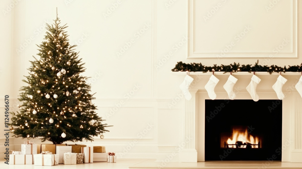 Obraz premium Cozy Christmas living room with decorated tree and fireplace with stockings