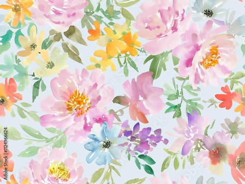Fototapeta Naklejka Na Ścianę i Meble -  Watercolor Seamless Floral Pattern with Abstract Hand-painted dusty pink peonies and wild flowers. Spring Floral textile design for fabric and stationary. Botanical wallpaper.