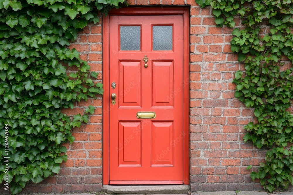 A classic Victorian door painted red, with a brass knocker and frosted glass, framed by a brick facade A classic Victorian door painted red, with a brass knocker and frosted glass, framed by a brick facade