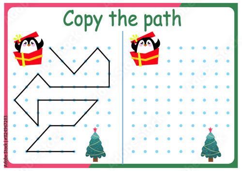 activities for children. Copy the path. Logic games for children. Vector illustration. The book is square format. New Year. Christmas