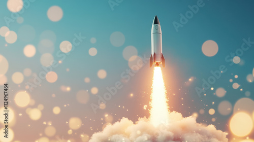 Rocket launch at sunrise with bokeh lights in the background