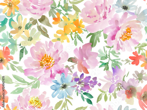 Fototapeta Naklejka Na Ścianę i Meble -  A seamless pattern of abstract dusty pink peonies and wild flowers painted in watercolor with transparent background. A floral wallpaper pattern in watercolor. Floral pattern for wedding invitations