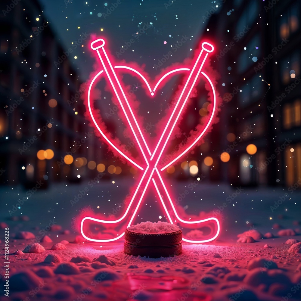 Neon hockey heart. Neon pink hockey sticks forming a heart shape with a puck in the snow, set against a blurred urban background with falling snowflakes.