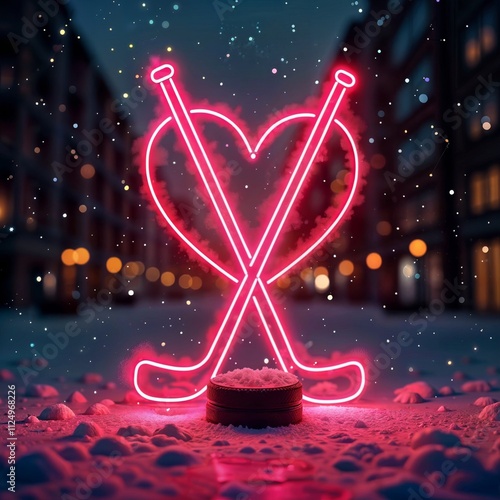 Obraz na płótnie Neon hockey heart. Neon pink hockey sticks forming a heart shape with a puck in the snow, set against a blurred urban background with falling snowflakes. w salonie