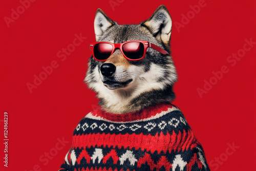 A charismatic wolf wearing red sunglasses and a cozy holiday sweater, set against a striking red background for a playful seasonal design. photo